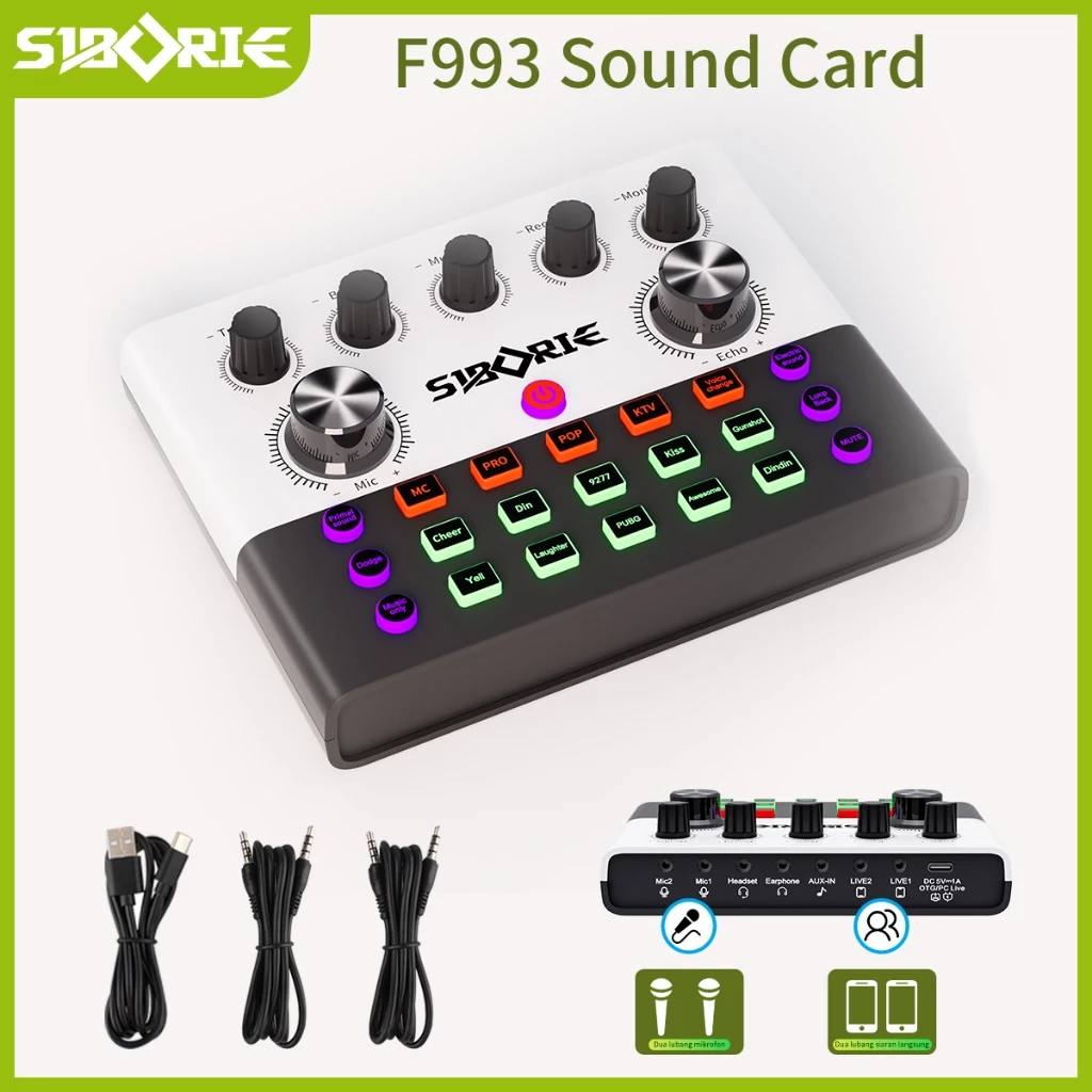 Siborie F993 White Mixer Bluetooth Soundcard Audio Kartu Suara Mic USB External Sound Card Live Ponsel Ganda Langsung